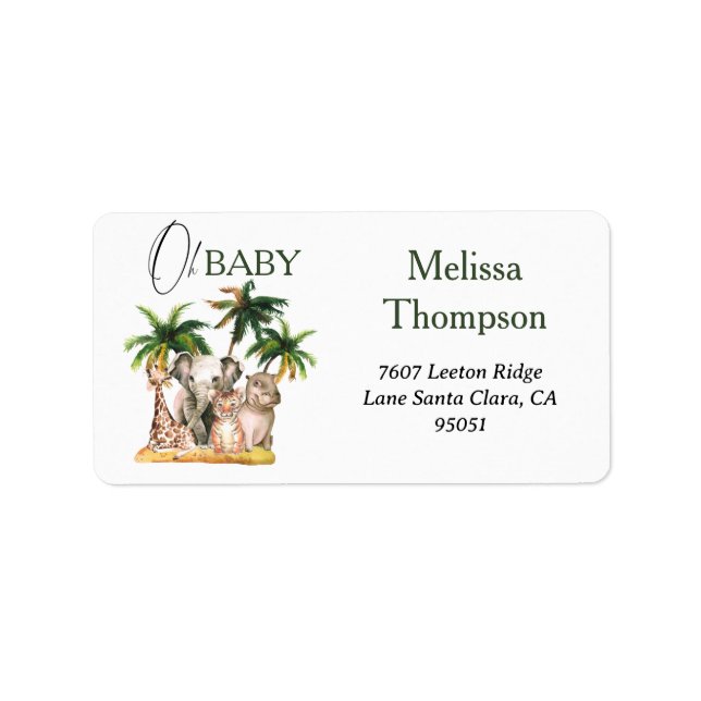 Safari Vilda djur Tropical Baby Shower Adress Adressetikett (Framsidan)