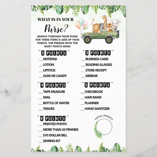 Safari What is in your Purpe Baby Shower Game Card Flygblad (Framsidan)
