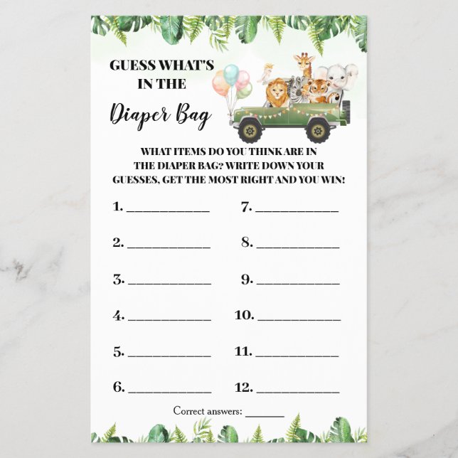 Safari What's in the Diaper Bag Shower Game Card Flygblad (Framsidan)