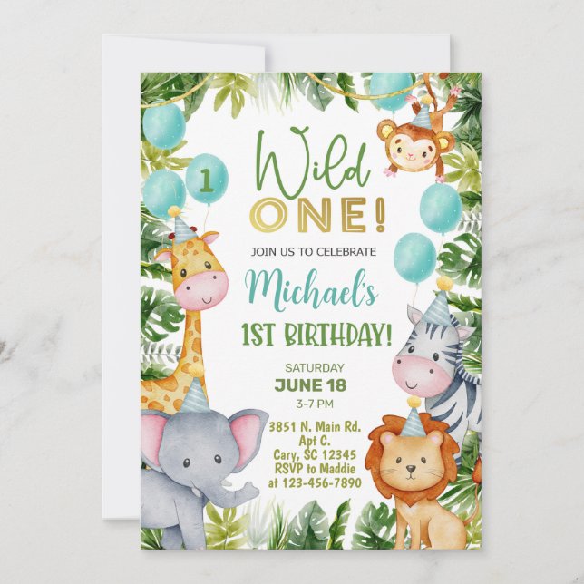 Safari Wild One boy 1st birthday invitation. Inbjudningar (Framsida)