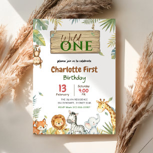 Safari Wild One Djungeldjurs bebis 1-årsdag Inbjudningar