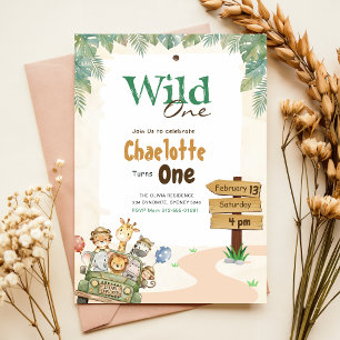 Safari Wild One Djur i djungeln Baby 1-årsfest Inbjudningar