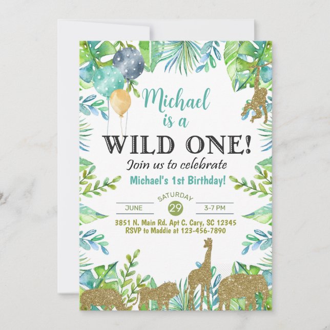 Safari Wild One pojke 1-års inbjudan. Inbjudningar (Framsida)