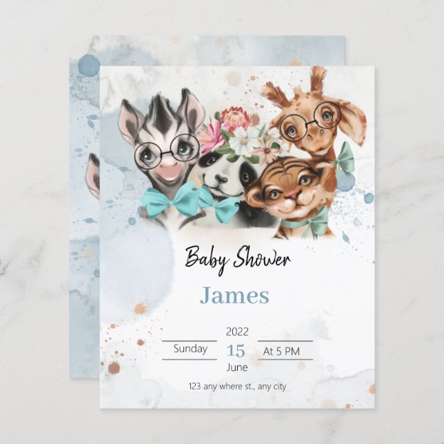 Safari wildon babyduschinbjudan Blue (Fram/baksida)