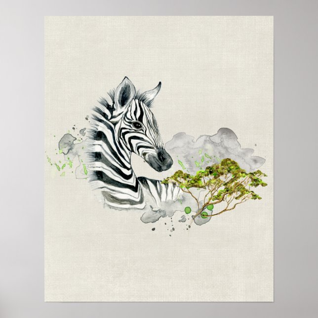 Safari Zebra med Grönt Savannah Träd Watercolor Poster (Framsidan)