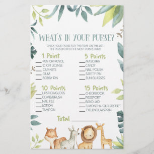 Safari Zoo Animal What's in Purse Baby Shower Game Brevpapper