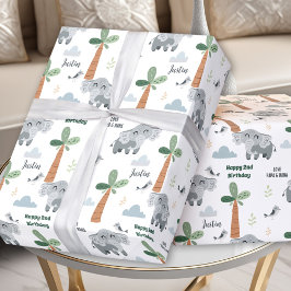 Safari ZOO Animals Cute Elephant Boy Birthday Namn Presentpapper