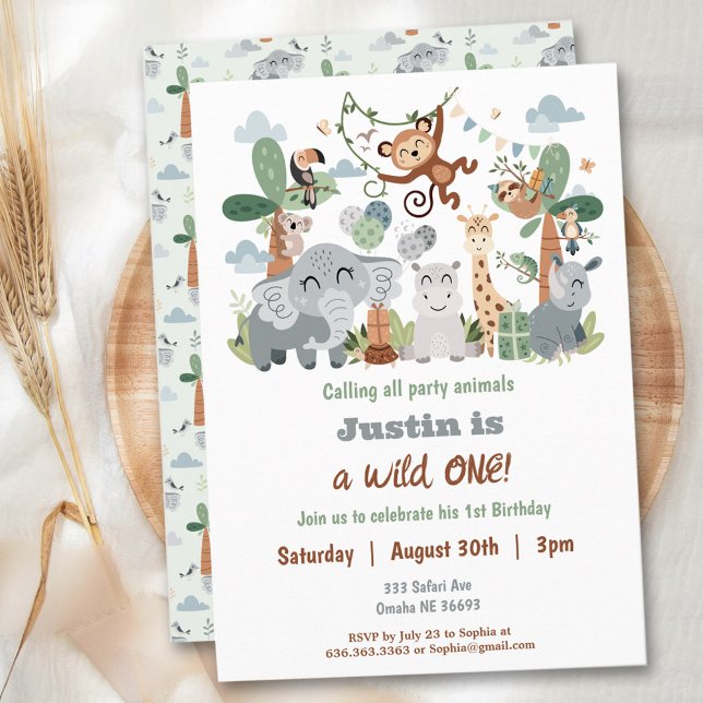 Safari ZOO Boho Animals Vild 1:a födelsedagen Inbjudningar (Safari ZOO Boho Animals Wild One 1st Birthday Invitation)