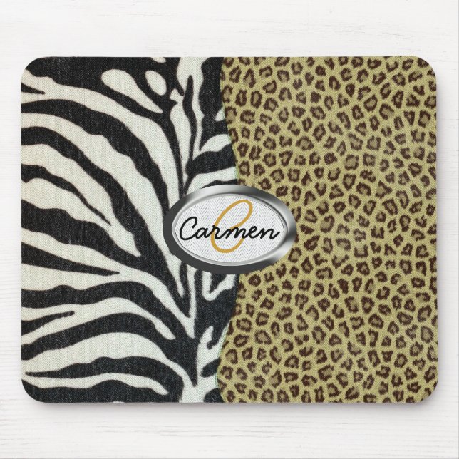 Safarileopard- och zebra tryckMonogram Musmatta (Framsidan)