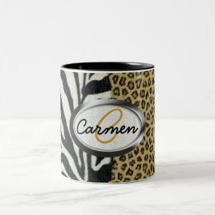 Safarileopard- och zebra tryckMonogram Två-Tonad Mugg