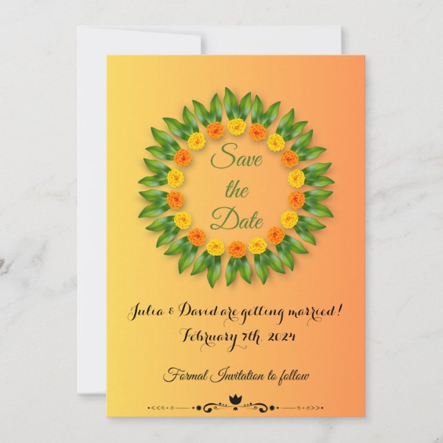 Saffron Gult med Marigold Save The Date-kort Spara Datumet (Framsida)