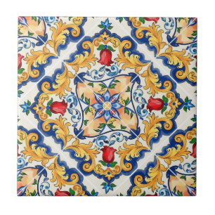 Saffron Red Blommigt Sicilian Majolica Mediterrane Kakelplatta