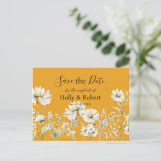 Saffron Yellow, Daisy Floral Wedding Save the Date Vykort
