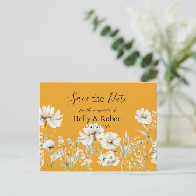 Saffron Yellow, Daisy Floral Wedding Save the Date Vykort (Stående Fram)