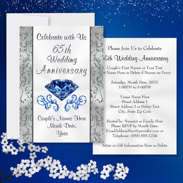 Safir 65-årsjubileum-inbjudningar inbjudningar (65th Wedding Anniversary Invitations. Sapphire Wedding Anniversary. What is the symbol for 65th wedd)