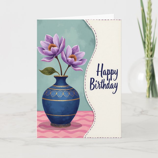 Safirblå födelsedagskort med blommotiv kort (Framsida)