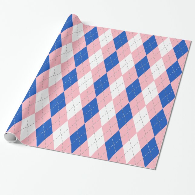 Safirblå Rosa Mörkgrå Vit XL Argyle Presentpapper (Utrullad)