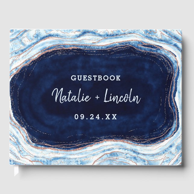 Safirblå Roséguld Geode Agat Marmor Bröllop Gästböcker (Framsida)