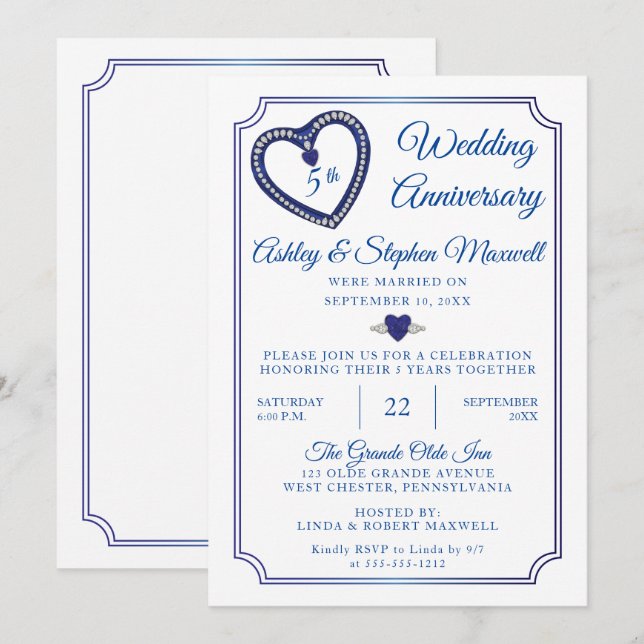 Safirer Diamanter 5-årsjubileumsfest Inbjudningar (Fram/baksida)