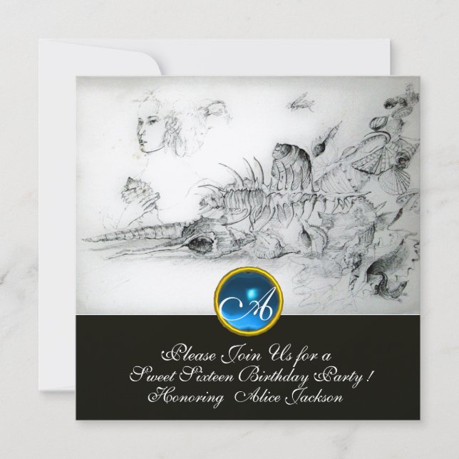 Safirmonogram till söt sextonårsfest inbjudningar (Framsida)