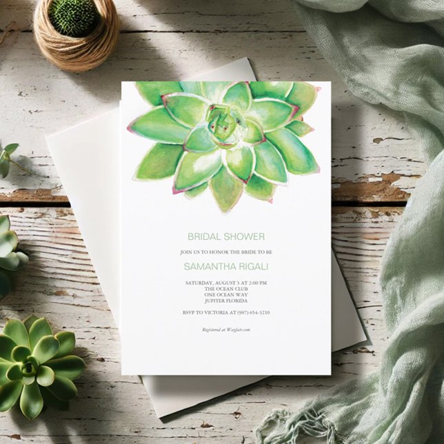 Saftig Bröllopsdusch Grön Akvarell Inbjudningar (Bridal shower invitations watercolor succulent art by Victoria Grigaliunas Do Tell A Belle)