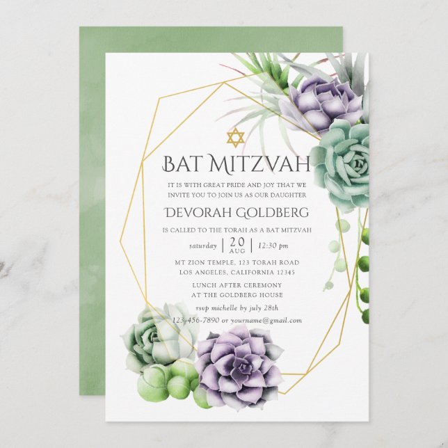 Saftig Geometrisk Bat Mitzvah Inbjudningar (Fram/baksida)