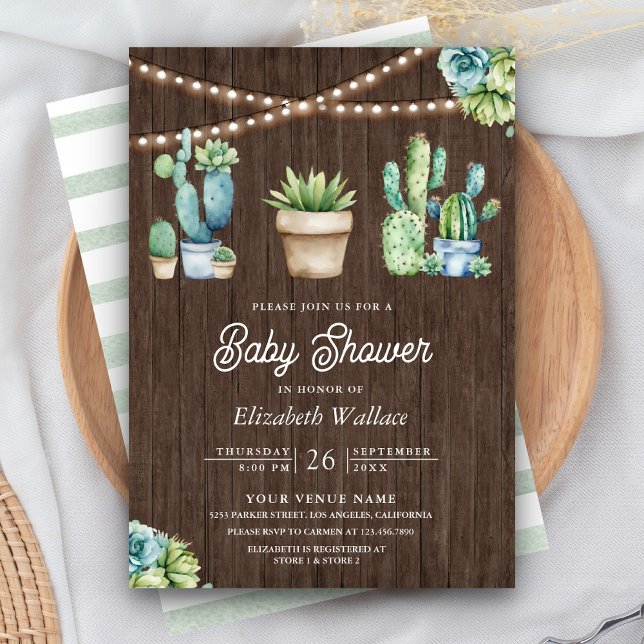 Saftig Grönska Kaktus Krukor Trä Baby Shower Inbjudningar (Skapare uppladdad)