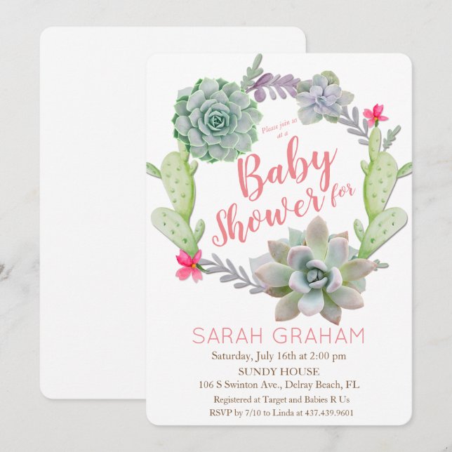 Saftig kaktuskrans Baby Shower-inbjudan Inbjudningar (Fram/baksida)
