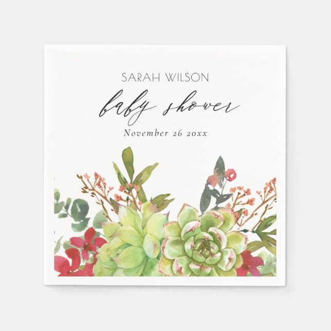Saftig ökenkaktus röd blomster baby shower pappersservett (Framsidan)