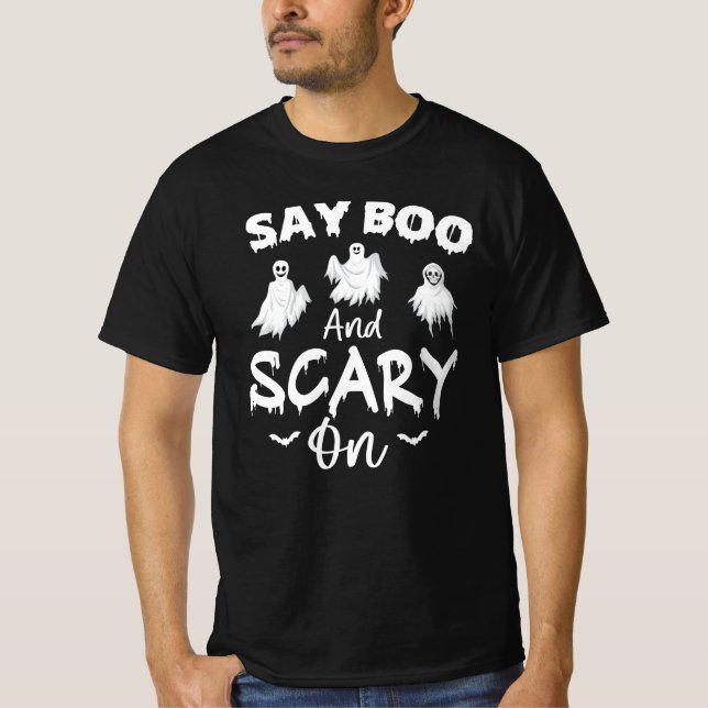 Säg boo och läskigt på - kul halloween-presentidé t shirt (Framsida)