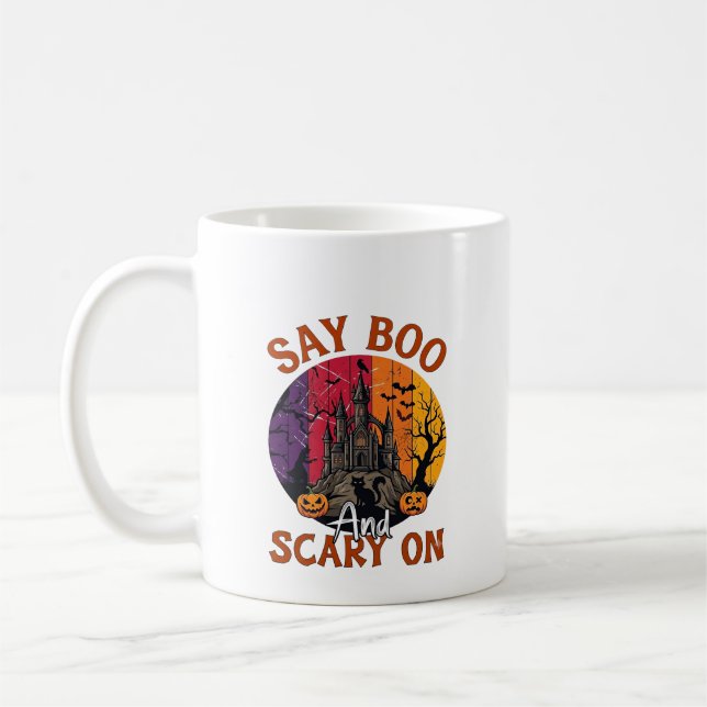 Säg Boo Skräck Halloween Spökhus Svart Katt Kaffemugg (Vänster)