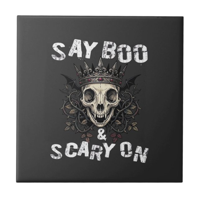 Säg Boo Skräck Skull Krona Fladdermusvingar Hallow Kakelplatta (Framsidan)