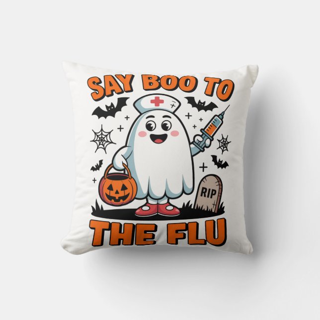Säg Boo till Flu Funny Halloween Nurse Doktor Kudde (Framsida)