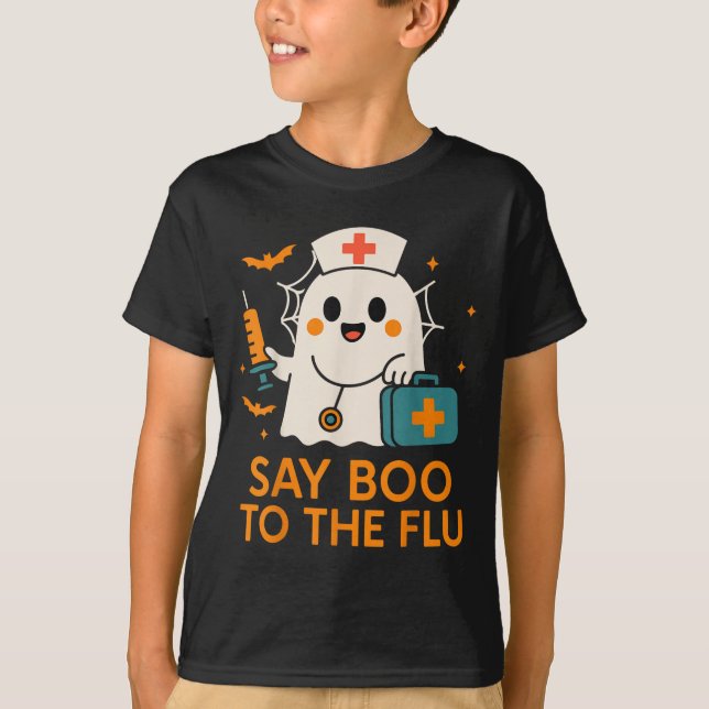 Säg Boo till influensasjuksköterskan Halloween Vac T Shirt (Framsida)