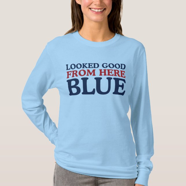 Såg bra ut härifrån blå rolig baseboll mamma t shirt (Framsida)