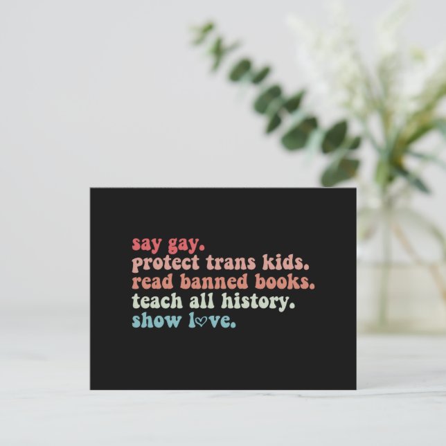 Säg Gay Skydda Transbarn Läs Bannlysta Böcker HBTQ Vykort (Stående Fram)