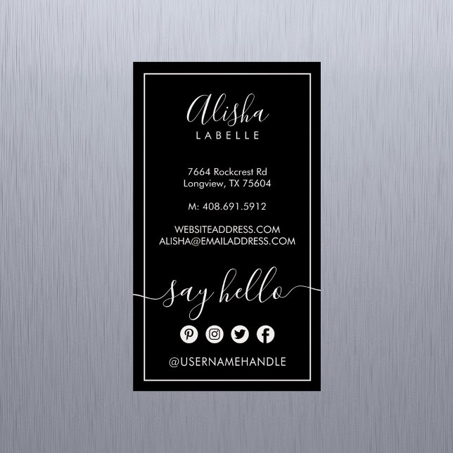 Säg hej | Elegant Black & Blush Pink Social Magnetiska Visitkort (Say Hello | Elegant Black & Blush Pink Social Business Card Magnet)