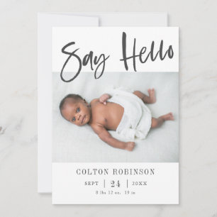 Säg Hej Modern Calligraphy Baby Photo Birth Meddelande
