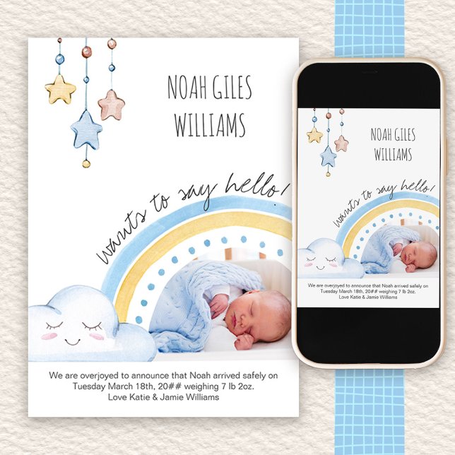 Säg Hej Photo Cute Rainbow Nursery Boy Birth Meddelande (Photo Baby Boy Birth Announcement with Cute Rainbow)