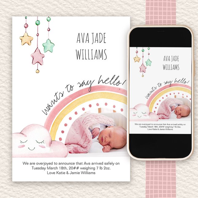 Säg Hej Photo Cute Rainbow Nursery Girl Birth Meddelande (Photo Baby Girl Birth Announcement with Cute Rainbow)