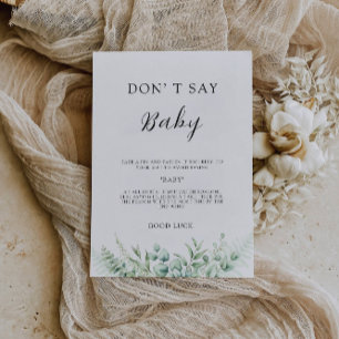 Säg inte Baby Game, Greenery Baby Shower Sign. Inbjudningar
