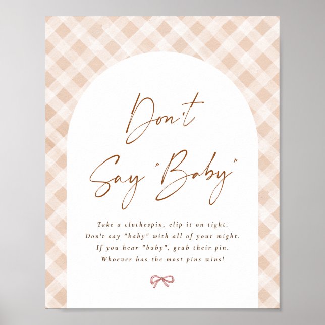 Säg inte Baby Gingham Cutie Paj Baby Shower Sign Poster (Framsidan)