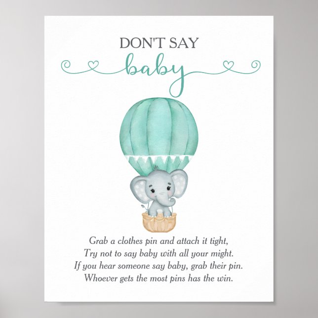 Säg inte Baby Grönt Elephant Baby Shower-spel Poster (Framsidan)