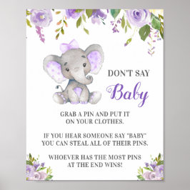 Säg inte Baby Pin Game Elephant Flicka Shower Poster
