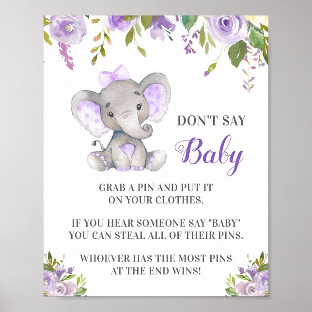 Säg inte Baby Pin Game Elephant Flicka Shower Poster (Framsidan)