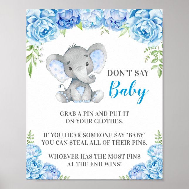 Säg inte Baby Pin Game Elephant Pojke Shower Poster (Framsidan)