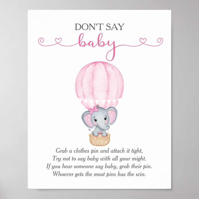 Säg inte Baby Rosa Elephant Baby Shower-spel Poster (Framsidan)