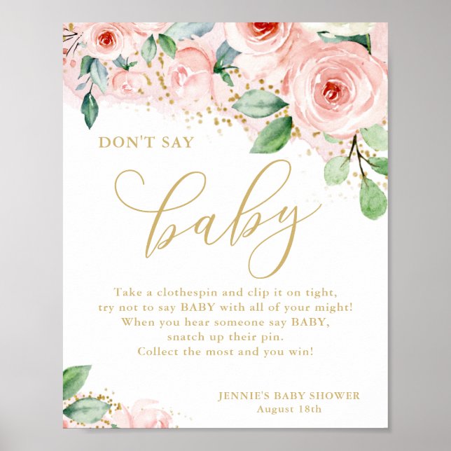 Säg inte Baby Rosa & Guld Blommigt Baby Shower Gam Poster (Framsidan)
