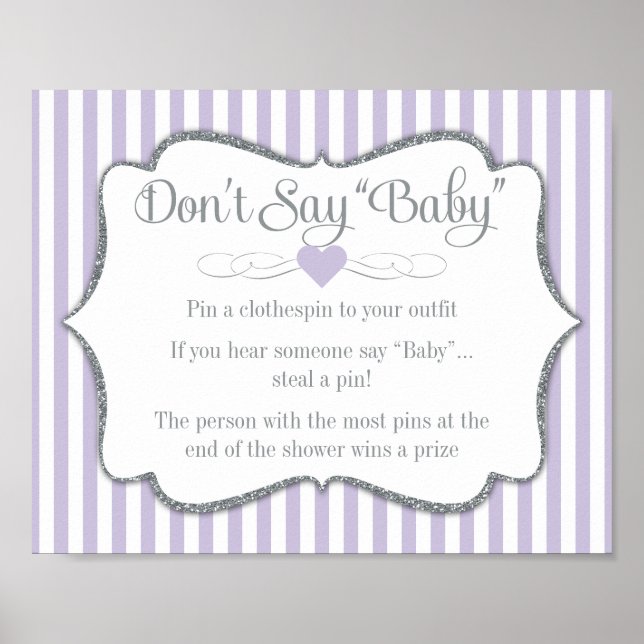Säg inte Baby Shower Game Lavender Lilac Grått Poster (Framsidan)