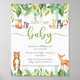 Säg inte "Baby Shower Game Woodland Greenery Sign" Poster
